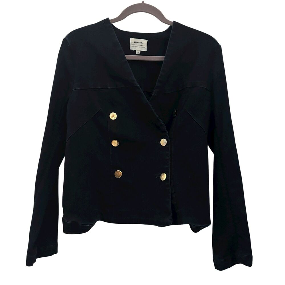 MCGUIRE Dark Blue Denim Short Stretchy Preppy Jacket Gold Buttons Size L‎